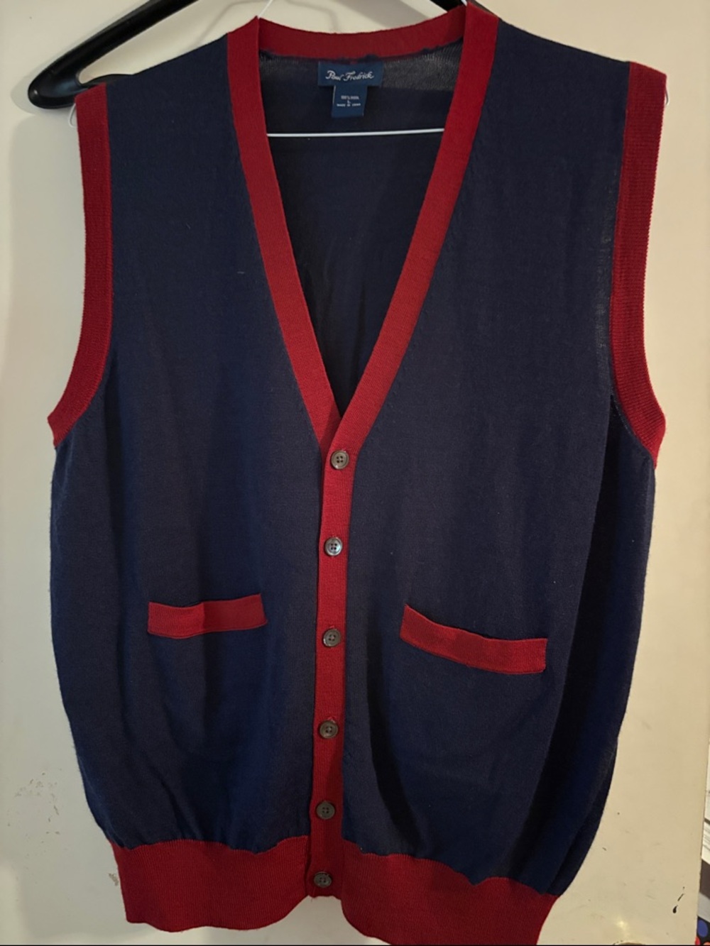 Paul Fredrick Navy and Red Button-Front Knit Vest